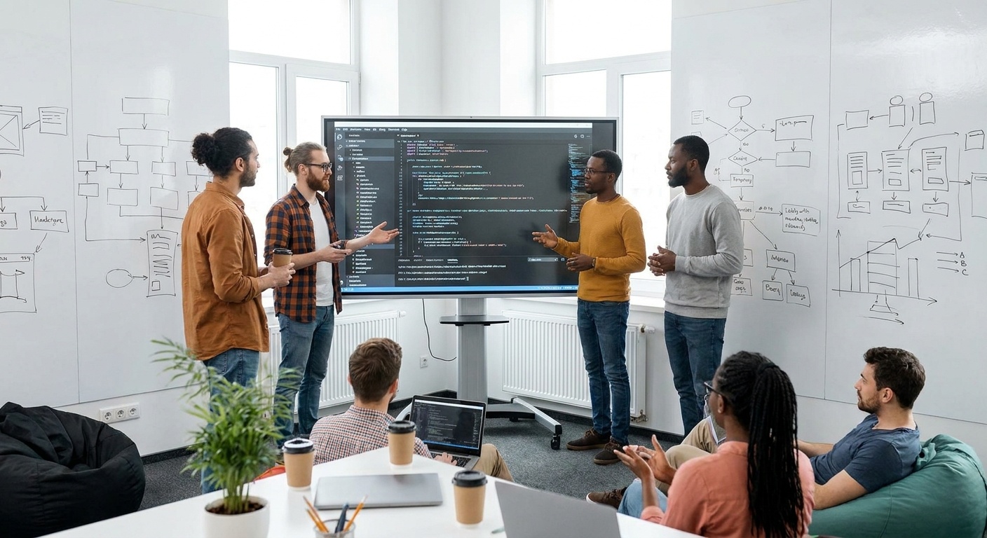 A diverse group of people in a modern office setting are gathered around a large screen displaying code, with flowcharts and diagrams drawn on a whiteboard behi